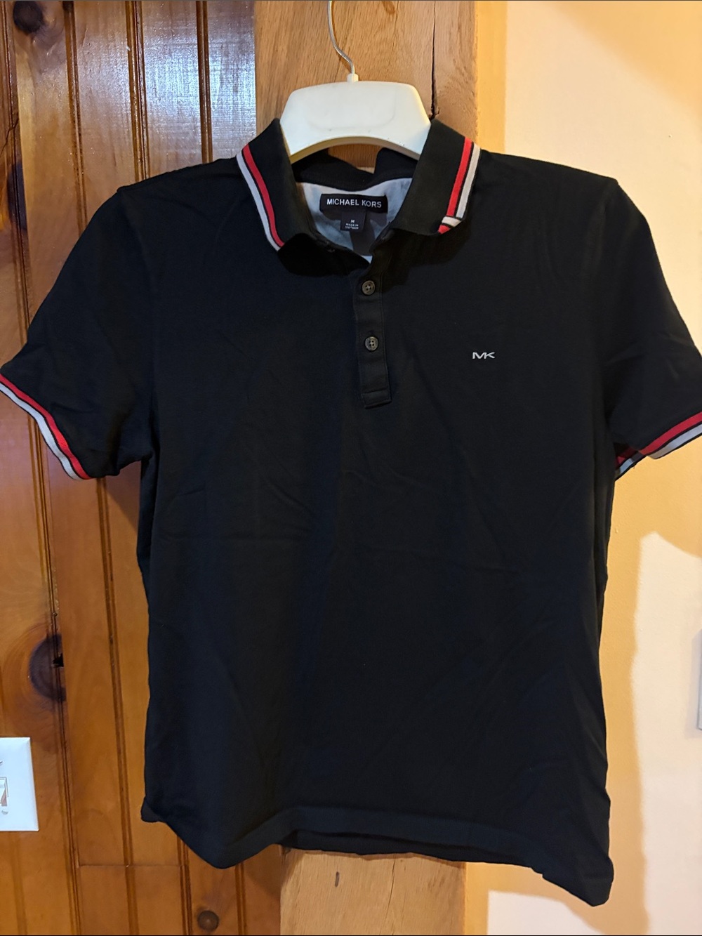 Michael Kors Black Polo with Red and White Stripe Trim